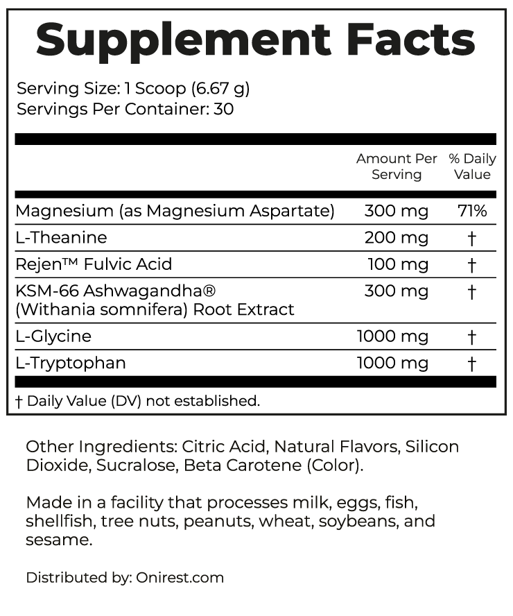 Onirest supplement facts label